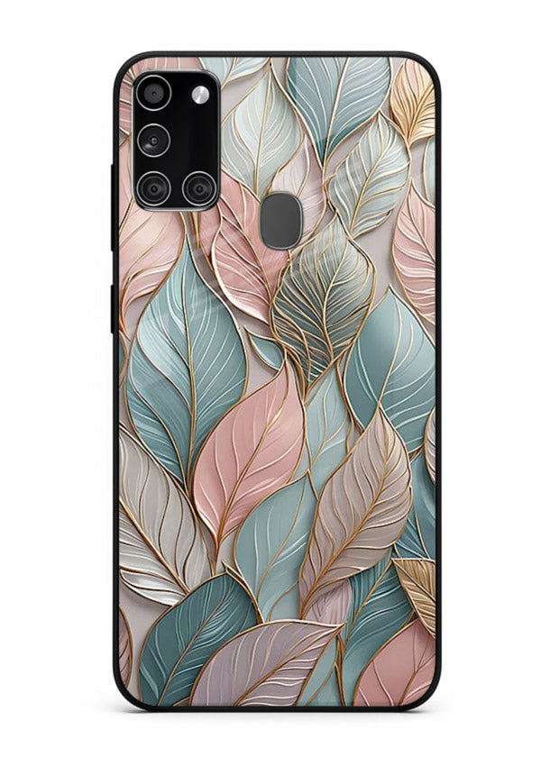 Pastel leaf artwork on Samsung A21s glass back cover with soft watercolor texture.
