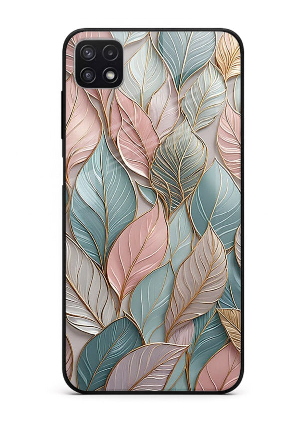 Pastel leaf artwork on Samsung F42 5G glass back cover with soft watercolor texture.