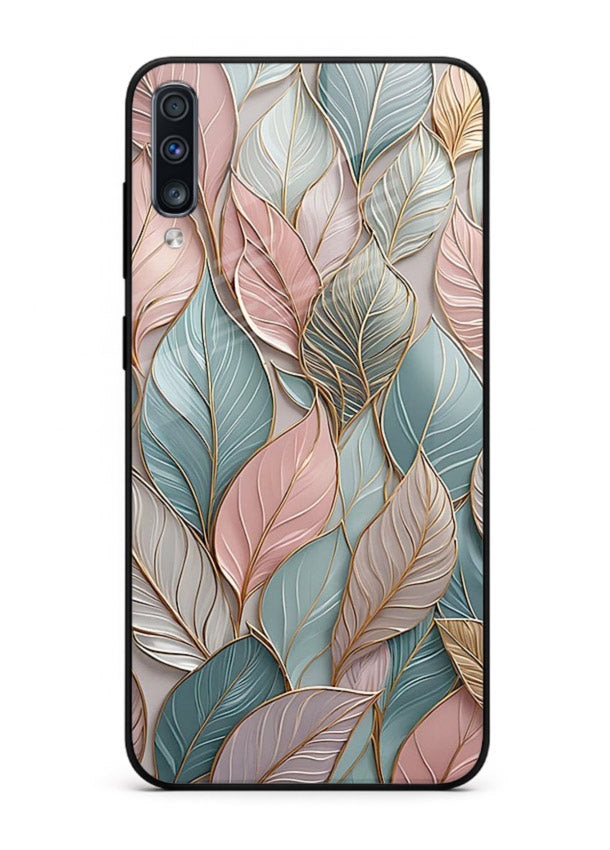 Pastel leaf artwork on Samsung A50 glass back cover with soft watercolor texture.