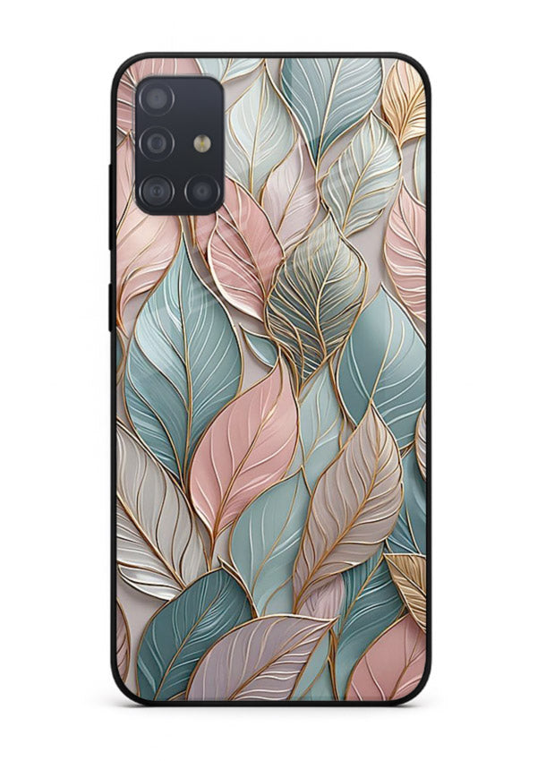 Pastel leaf artwork on Samsung A71 glass back cover with soft watercolor texture.