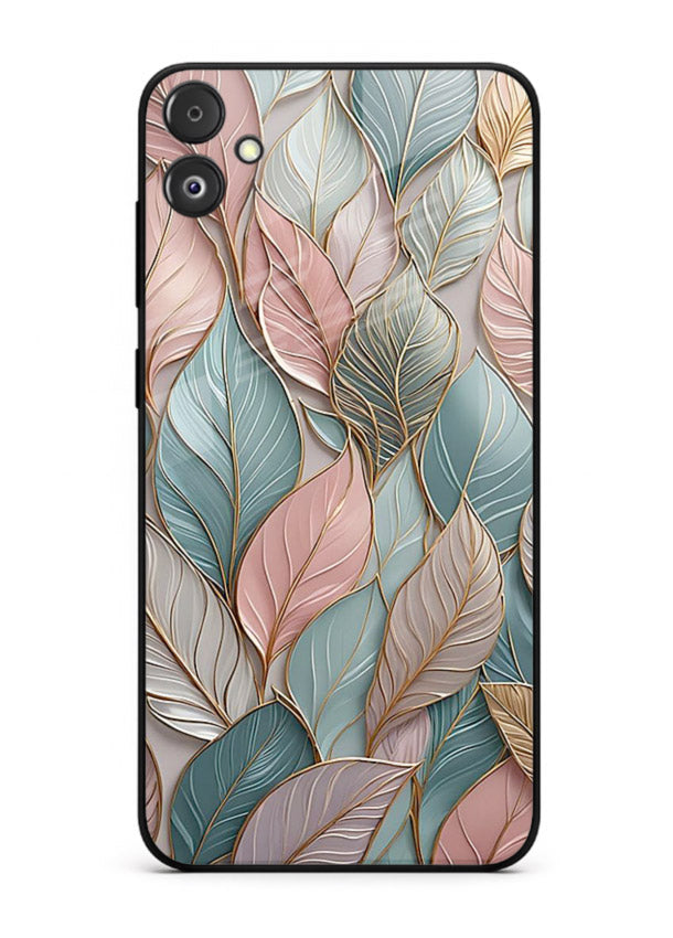 Pastel leaf artwork on Samsung F14 5G glass back cover with soft watercolor texture.