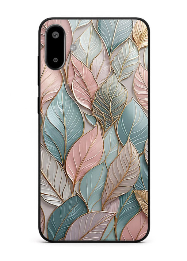 Pastel leaf artwork on Samsung F06 5G glass back cover with soft watercolor texture.