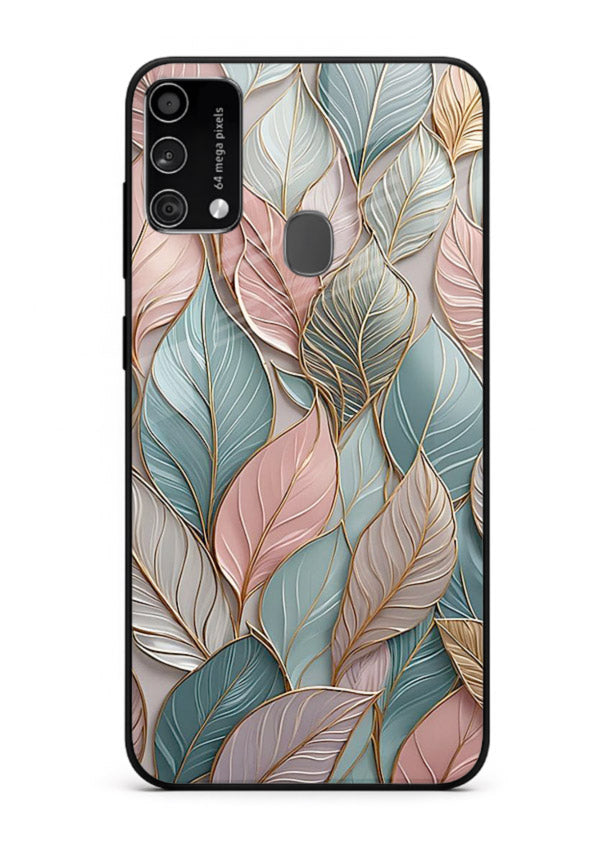 Pastel leaf artwork on Samsung F41 glass back cover with soft watercolor texture.