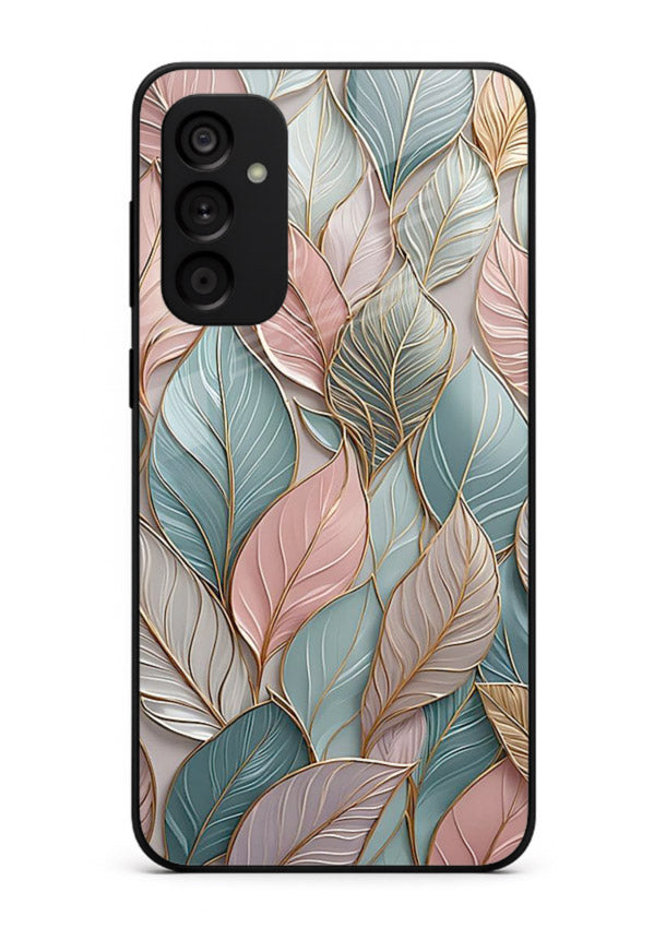 Pastel leaf artwork on Samsung A14 5G glass back cover with soft watercolor texture.