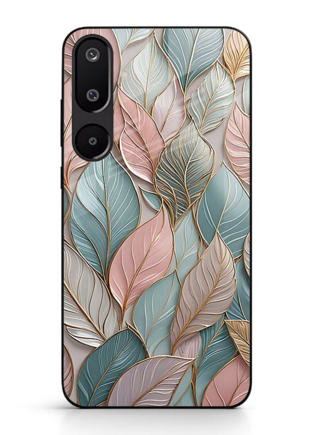 Pastel leaf artwork on Samsung F16 5G glass back cover with soft watercolor texture.