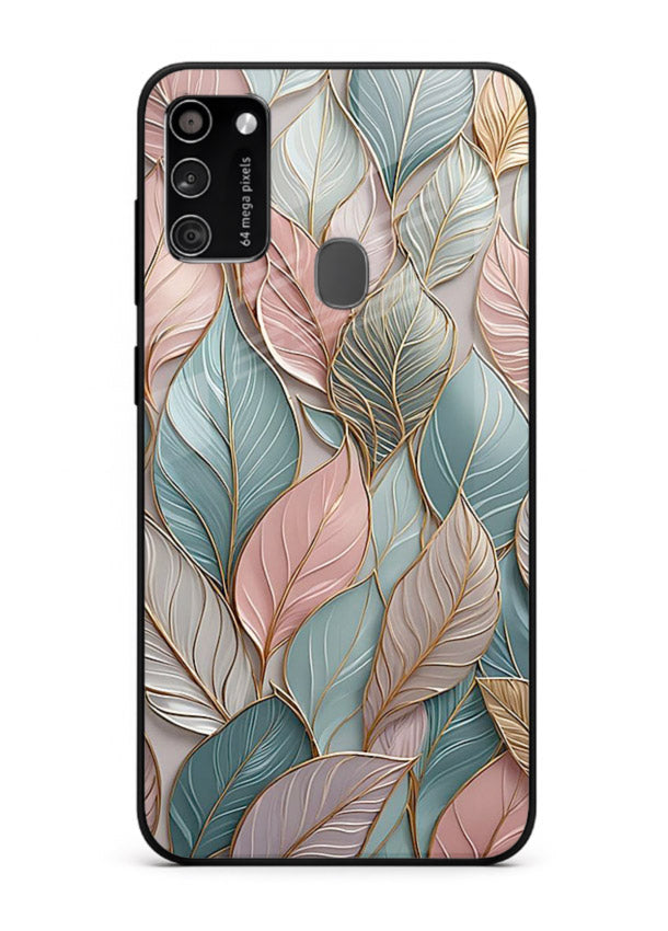 Pastel leaf artwork on Samsung M21 glass back cover with soft watercolor texture.