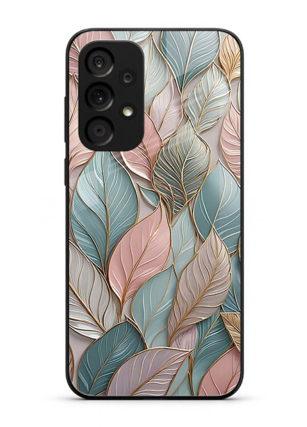 Pastel leaf artwork on Samsung M32 5G glass back cover with soft watercolor texture.