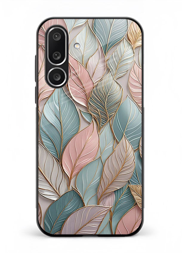 Pastel leaf artwork on Samsung M56 5G glass back cover with soft watercolor texture.