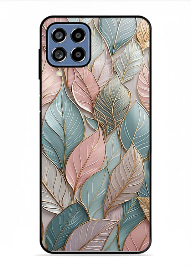Pastel leaf artwork on Samsung M53 5G glass back cover with soft watercolor texture.