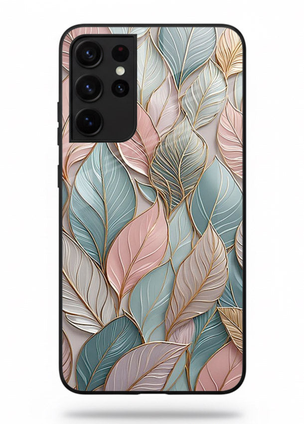 Pastel leaf artwork on Samsung S21 Ultra glass back cover with soft watercolor texture.