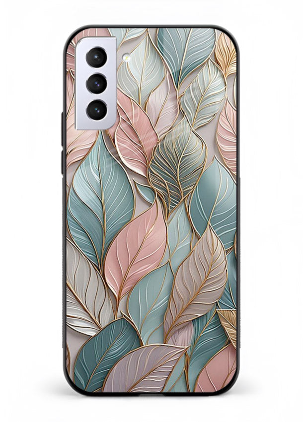 Pastel leaf artwork on Samsung S21 FE glass back cover with soft watercolor texture.