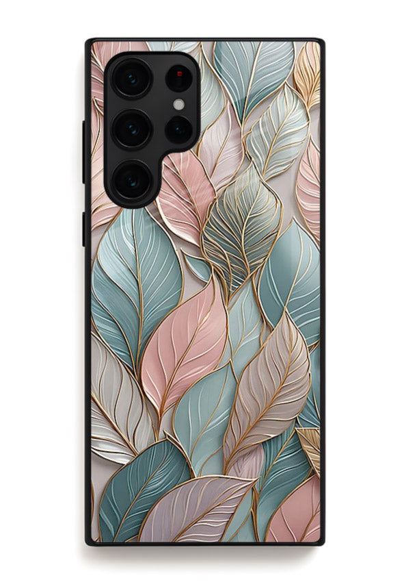 Pastel leaf artwork on Samsung S24 Ultra glass back cover with soft watercolor texture.