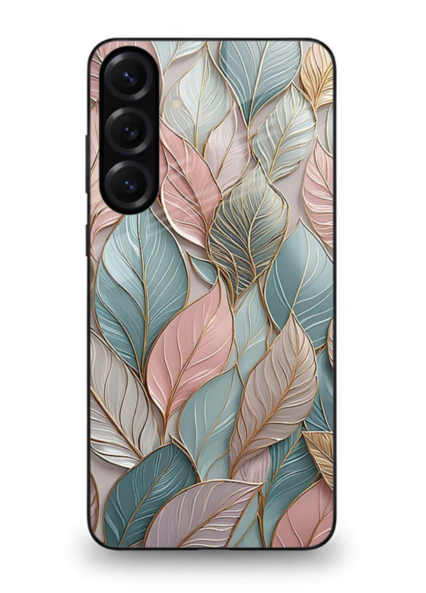 Pastel leaf artwork on Samsung A56 5G glass back cover with soft watercolor texture.