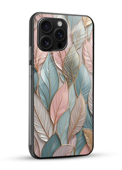 Pastel leaf artwork on glossy vibrant premium glass back cover with soft watercolor texture. - Angle Side