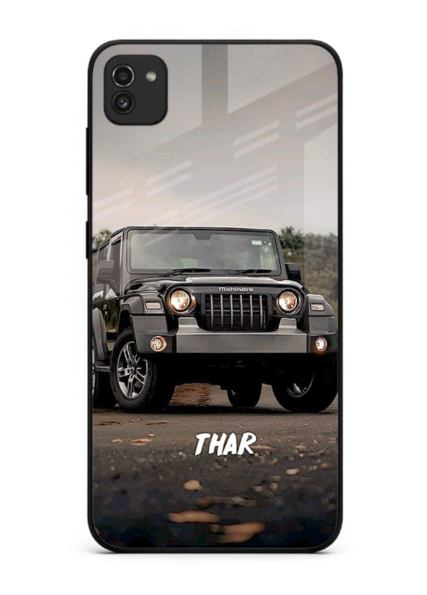 Mahindra Thar SUV in outdoor terrain with rugged off-road styling for Samsung A03
