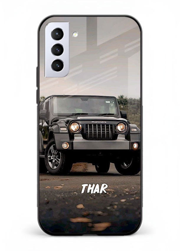 Mahindra Thar SUV in outdoor terrain with rugged off-road styling for Samsung S22