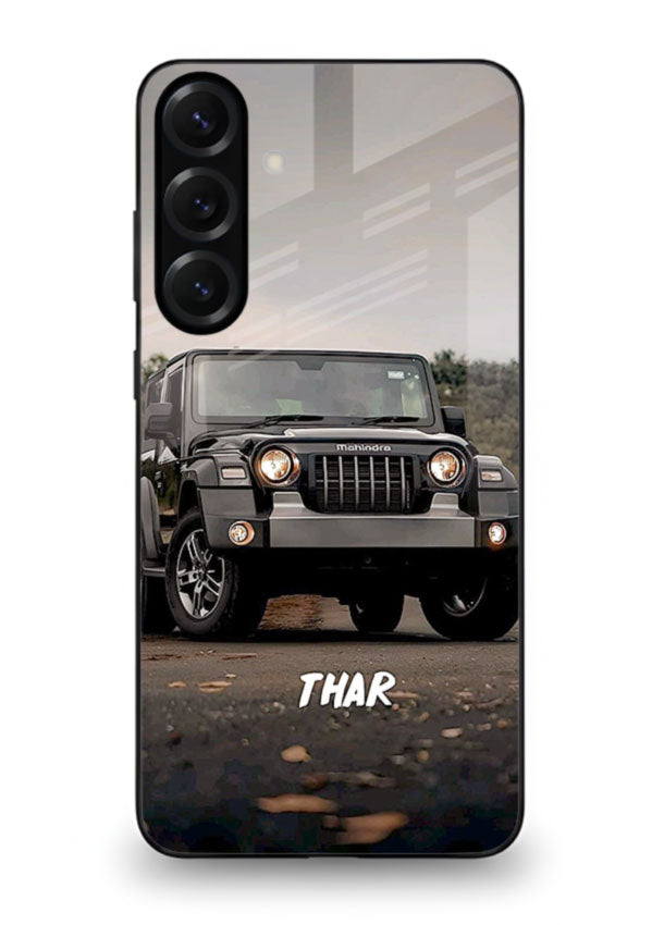 Mahindra Thar SUV in outdoor terrain with rugged off-road styling for Samsung S25