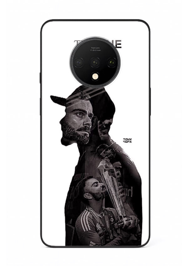 Monochrome cricket silhouette artwork printed on premium tempered glass OnePlus 7T back cover