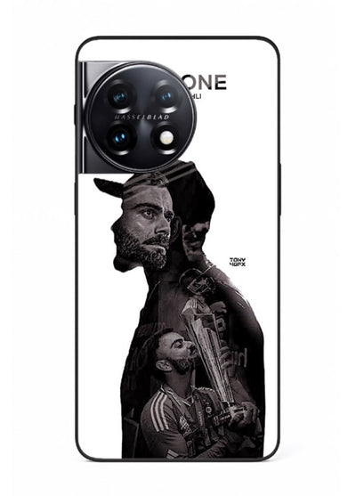 Monochrome cricket silhouette artwork printed on premium tempered glass OnePlus 11 back cover