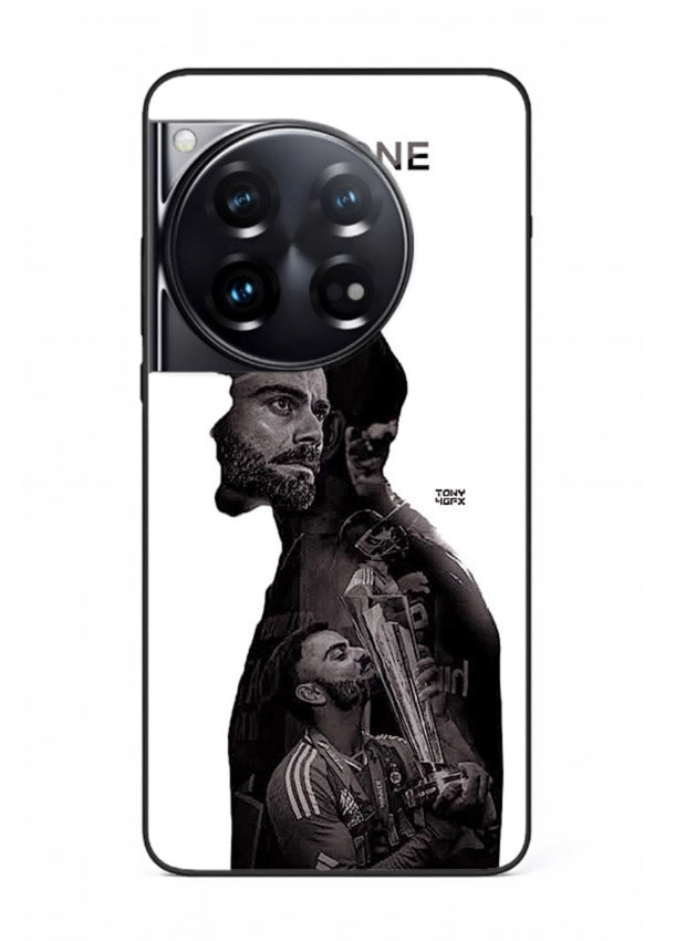 Monochrome cricket silhouette artwork printed on premium tempered glass OnePlus 12 back cover