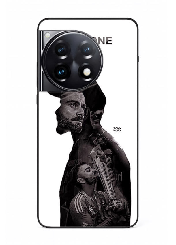 Monochrome cricket silhouette artwork printed on premium tempered glass OnePlus 12R back cover