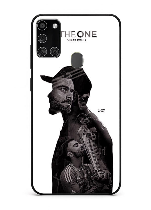 Monochrome cricket silhouette artwork printed on premium tempered glass Samsung A21s back cover