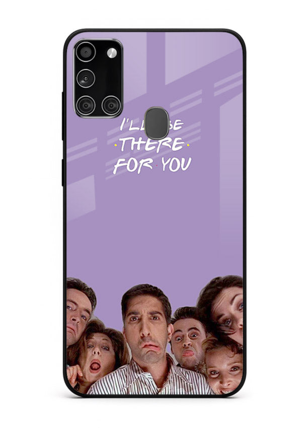 Purple friends quote artwork printed on premium tempered glass Samsung A21s back cover