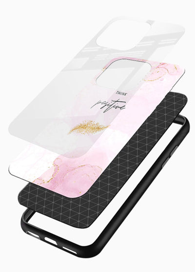 Pink cloudscape quote printed on glossy vibrant premium glass back cover with calming tones. - Angle Layers