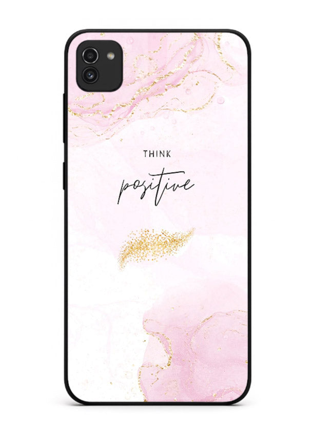 Pink cloudscape quote printed on Samsung A03 glass back cover with calming tones.