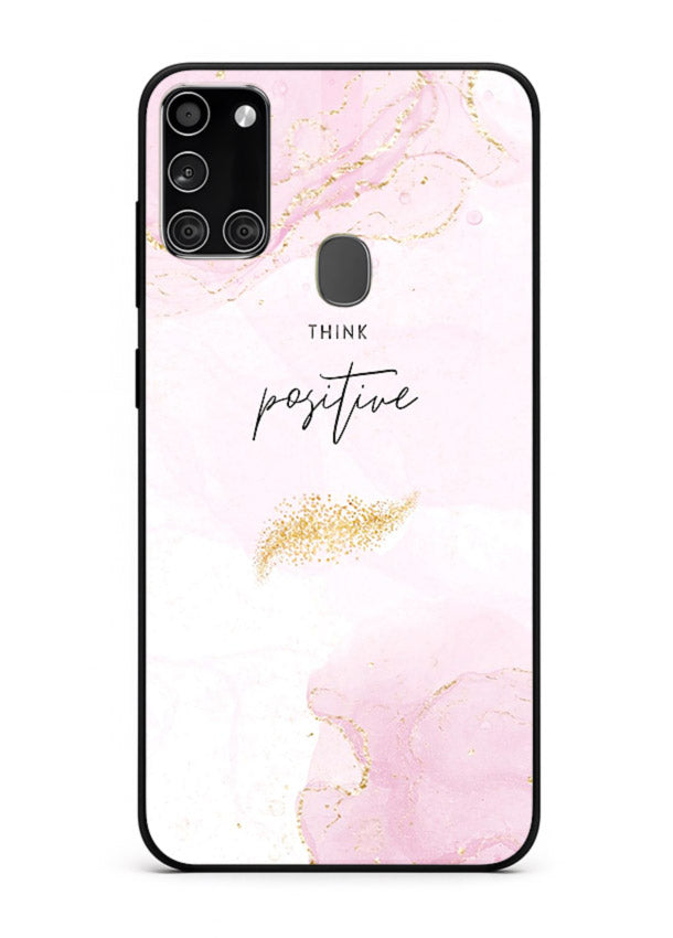 Pink cloudscape quote printed on Samsung A21s glass back cover with calming tones.
