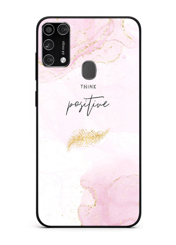 Pink cloudscape quote printed on Samsung M31 Prime glass back cover with calming tones.