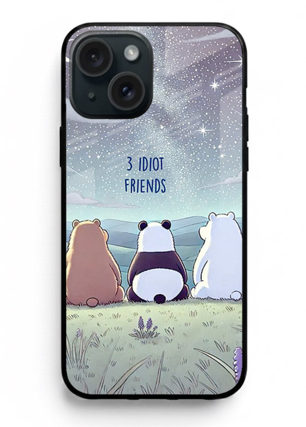 Night sky friends illustration printed on premium tempered glass iPhone 15 back cover