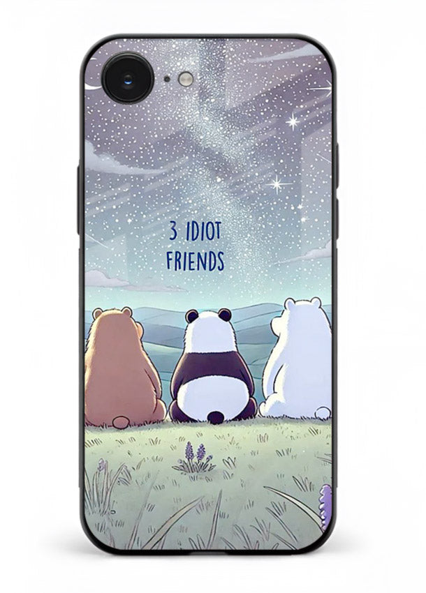 Night sky friends illustration printed on premium tempered glass iPhone 16E back cover