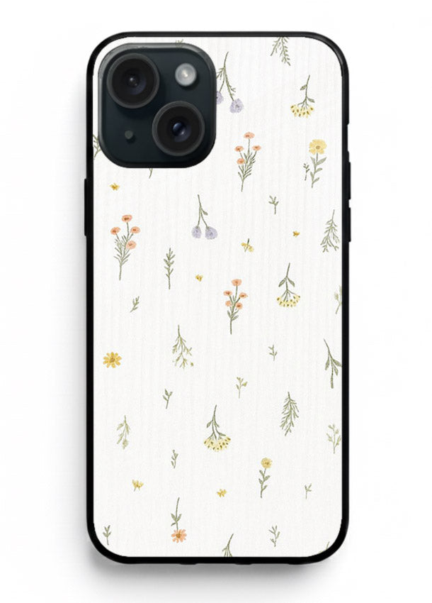 Tiny floral pattern artwork on iphone 14 plus glass back cover with scattered blooms.