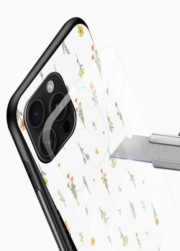 Tiny floral pattern artwork on glossy vibrant premium glass back cover with scattered blooms. - Angle Blade