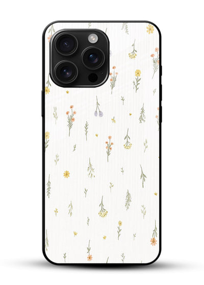 Tiny floral pattern artwork on glossy vibrant premium glass back cover with scattered blooms. - Angle Front