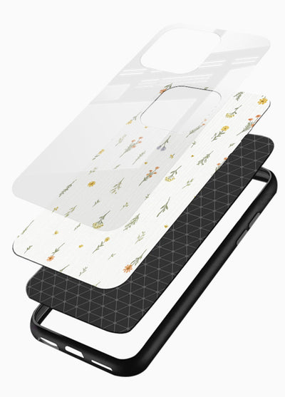 Tiny floral pattern artwork on glossy vibrant premium glass back cover with scattered blooms. - Angle Layers