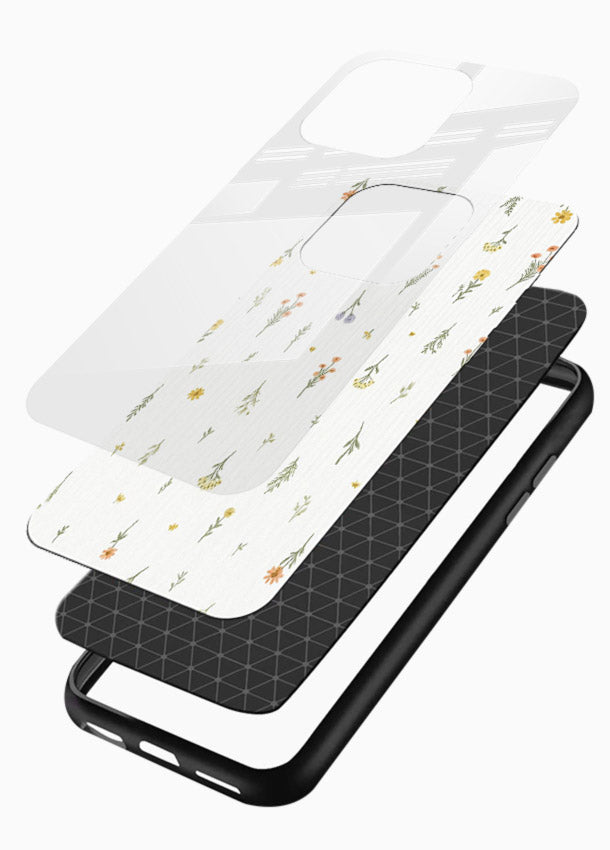 Tiny floral pattern artwork on glossy vibrant premium glass back cover with scattered blooms. - Angle Layers