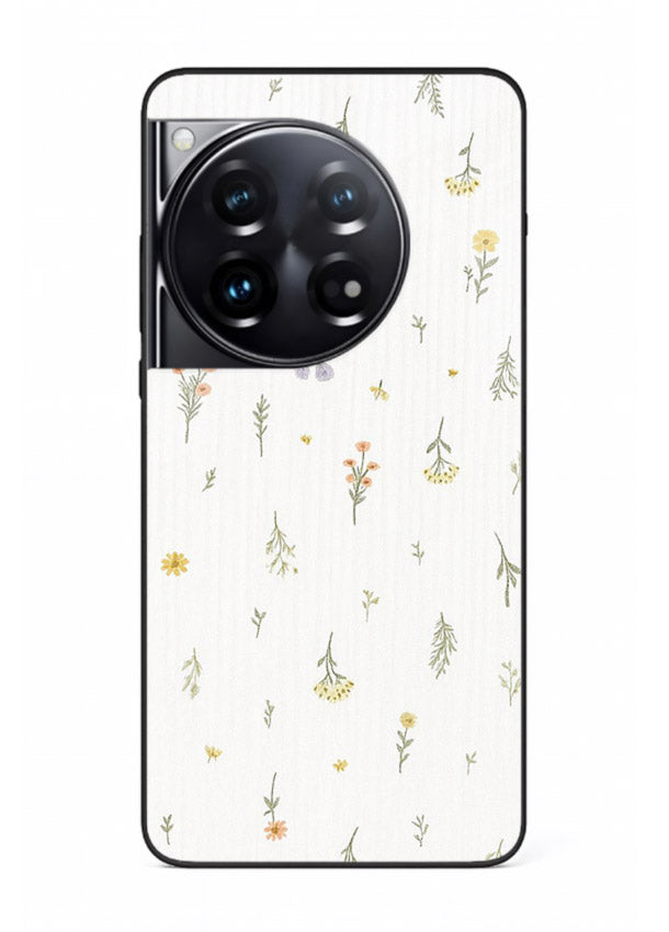 Tiny floral pattern artwork on OnePlus 12 glass back cover with scattered blooms.