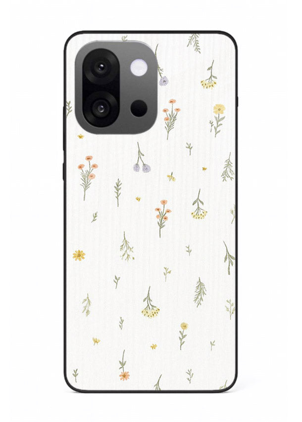Tiny floral pattern artwork on OnePlus 13s glass back cover with scattered blooms.