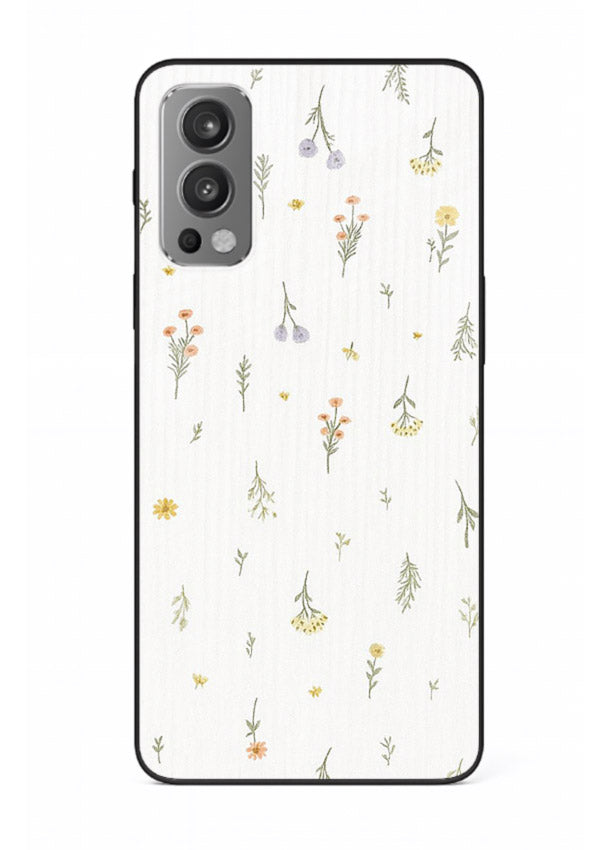 Tiny floral pattern artwork on OnePlus Nord 2 glass back cover with scattered blooms.