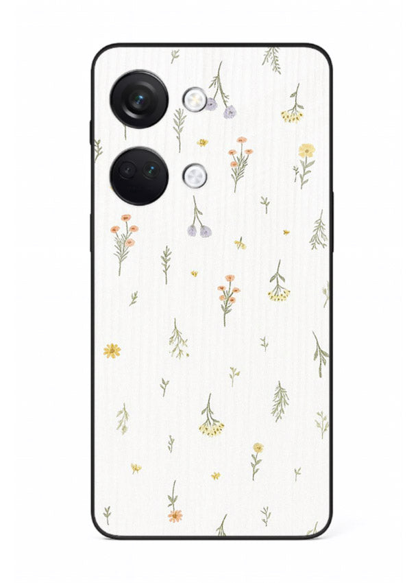 Tiny floral pattern artwork on OnePlus Nord 3 glass back cover with scattered blooms.