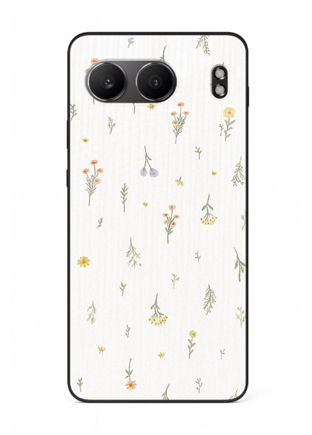 Tiny floral pattern artwork on OnePlus Nord 4 glass back cover with scattered blooms.
