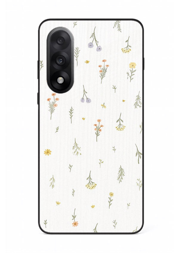 Tiny floral pattern artwork on OnePlus Nord 5 glass back cover with scattered blooms.