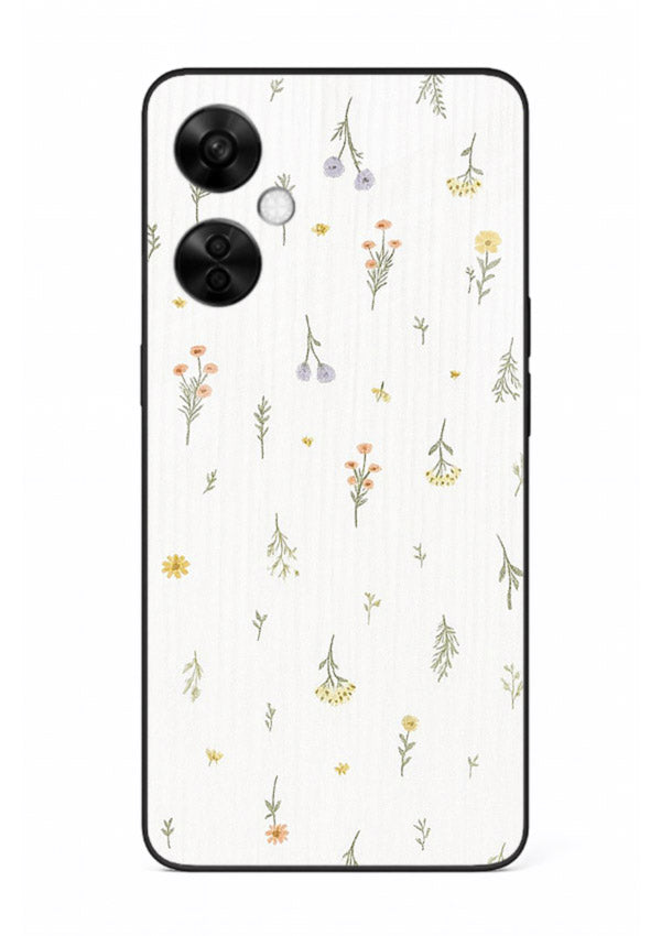 Tiny floral pattern artwork on OnePlus Nord CE3 Lite glass back cover with scattered blooms.