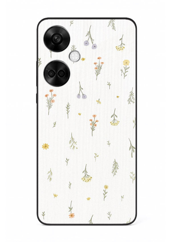 Tiny floral pattern artwork on OnePlus Nord CE3 glass back cover with scattered blooms.