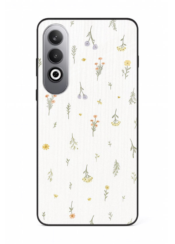 Tiny floral pattern artwork on OnePlus Nord CE4 glass back cover with scattered blooms.