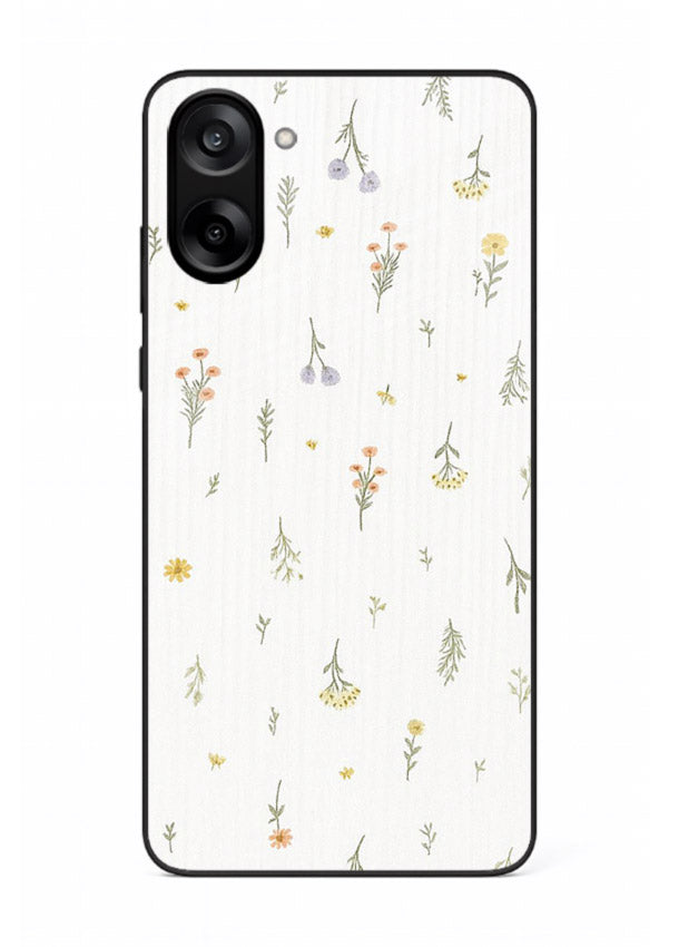 Tiny floral pattern artwork on OnePlus Nord CE5 glass back cover with scattered blooms.