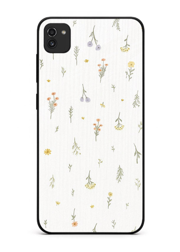 Tiny floral pattern artwork on Samsung A03 glass back cover with scattered blooms.
