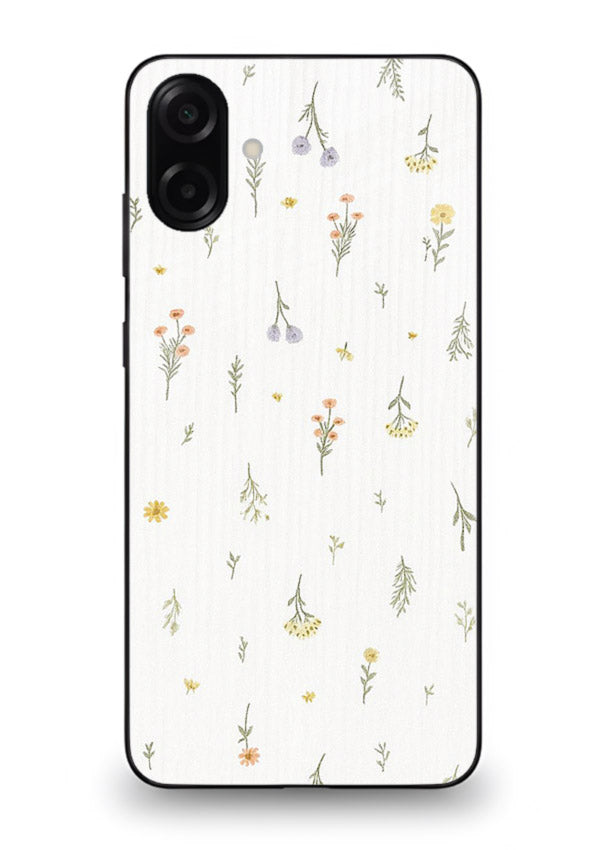 Tiny floral pattern artwork on Samsung M13 5G glass back cover with scattered blooms.